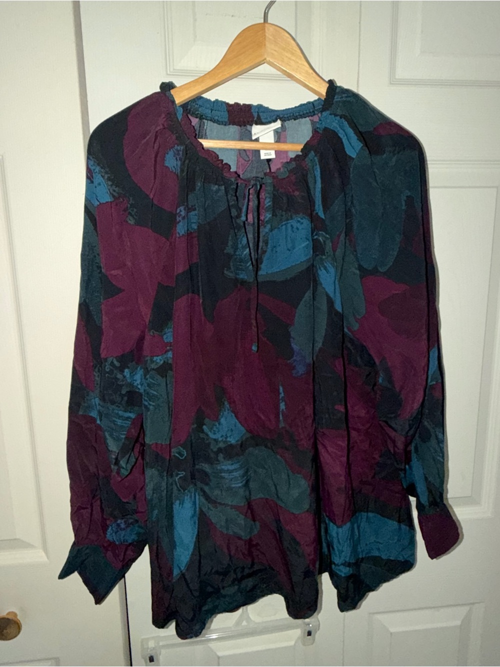 Ava & Viv Abstract Floral Peasant Blouse — Burgundy Teal Black